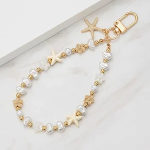 Handmade Fashion Pearl Starfish Phone Charm Strap Handmade Beaded Mobile Phone Chain Cute Flower Keychain Pendant Bag Accessory