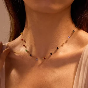 Handmade Fashion Trendy Stainless Steel Beads Jewelry Gemstone Necklace Choker Beaded Necklace Non Tarnish for Women