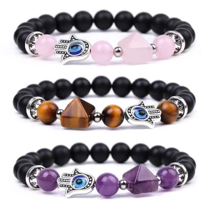 Handmade Fatima Fashion Beaded Ball Shape Bracelet Blue Eye Design Amethyst Crystal Healing Elastic Unisex Trendy Charm Jewelry