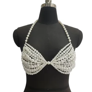 Handmade Festival Outfit Female Mermaid Body Chain Pearl Bikini Cover White Bridal Vest Bra Top Pearl Beaded Bralette