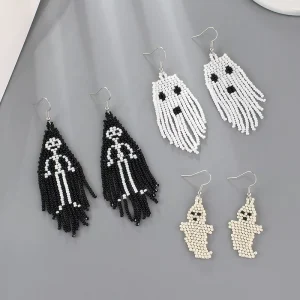 Handmade Halloween Ghost Chandelier Earrings Set Creative Beaded Design with Glass Beads Fashion Accessory
