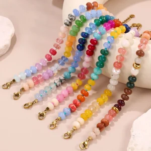 Handmade Ins Beach Jewelry Stainless Steel Rainbow Color Rondelle Gemstone Beaded Bracelet for Women