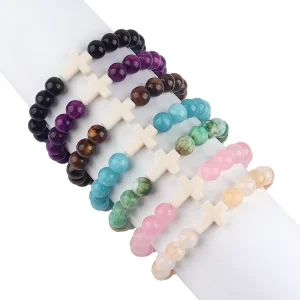 Handmade Jewelry Turquoise Agate Cross Charm Stretch Bracelet 8mm Healing Gemstone Natural Stone Beaded Bracelets