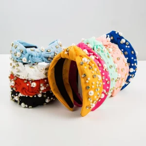 Handmade Knot Top Pearl Hair Hoop Fashion Rhinestone Beaded Wide Headband Vintage Retro Ladies Hair Accessory for Daily