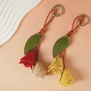 Handmade Leather Flowers Keychain Tulip Flowers Artificial Leather Flower Bag Charms Design Handbag Purse Fine Pendants Charms