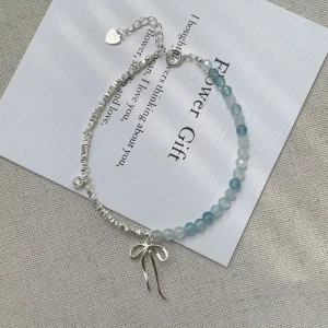 Handmade Lovely Cute 925 Sterling Silver Bowknot Charm Sea Blue Crystal Beads Beaded Necklaces Bracelet for Women