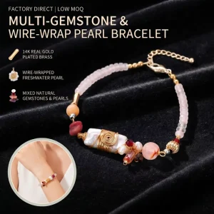 Handmade Mixed Gemstone Freshwater Pearl Mosaic Charm Bracelet Adjustable Lobster Clasp Extension Chain 14K Gold