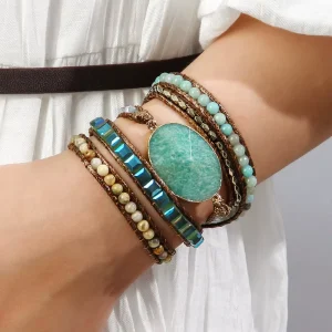 Handmade Mixed Natural Stones Crystal and Stone Charm 5 Strands Wrap Bracelets