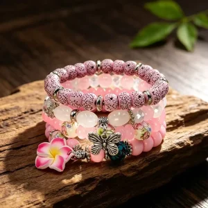 Handmade Multi layer Beaded Flowers Butterflies Charm Bracelet Set Boho Elastic Stretch Bangle Fashion Jewelry