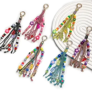 Handmade Multicolored Flower Eyes Beads Keychain with Braided Rope Tassel Bag Hanging Charms Turquoise Leopard Heart Pendants
