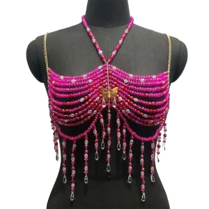 Handmade Music Carnival Outfit Female Butterfly Beach Bikini Cover up Fringe Bandeau Bra Top Rose Red Crystal Beaded Bralette