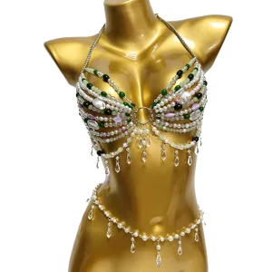 Handmade Music Festival Costume Mermaid Body Chain Jewelry Green Crystal Beaded Bra Top Ocean Pearl Gemstone Bralette