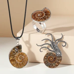 Handmade Natural Conch Ammonite Fossil Pendant Rings Brooch Shell Necklace for Women’s Party Anniversary Wedding Gift