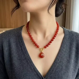 Handmade Natural Stone Round Gemstone Black Agate Carnelian Bead Knotted Necklace for Women with Stone Pendant