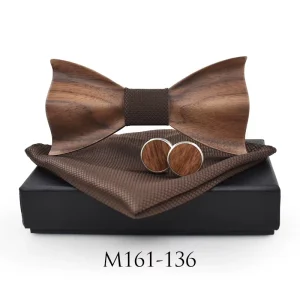 Handmade Natural Wooden Tie Scarf Cufflink Bow Tie Set Black Brown Walnut Wooden Sleeve Button Bow Ties Set for Wedding Men