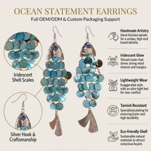 Handmade Oversized Blue Shell Fish Earrings for Women Bohemian Nautical Statement Dangle Earrings Resort Jewelry Gift