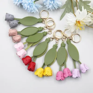Handmade PU Leather Modern Art Tulip Keychain Bag Charm Fashion Decorative Pendant