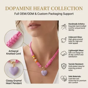 Handmade Pink Knotted Cord Heart Pendant Necklace for Women Summer Dopamine Jewelry Y2K Boho Rope Choker Colorful
