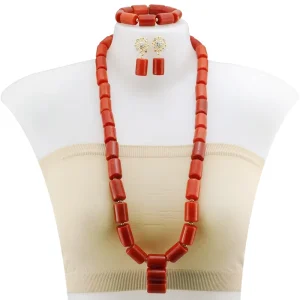 Handmade Red Coral Tube Bead Necklace and Earrings Set Women’s Vintage Gold Plated Party Jewelry Gift YL134