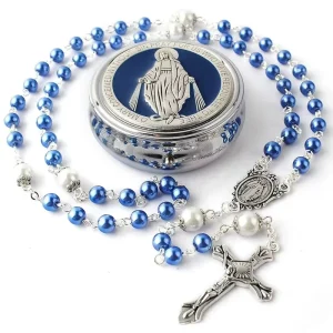 Handmade Religious Glass Pearl Beads Cross Rosary Necklace Gift Box Set Rosary Necklace