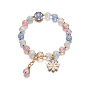 Handmade Romantic Pink Crystal Stretch Beads 18K Gold Plated Elastic Flower Pendant Charm Bangles Men’s Featuring Pearl Gift