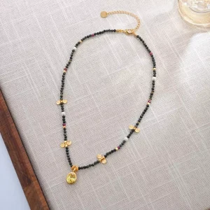 Handmade Summer Waterproof Trendy Fashion Real Gold Plated Brass Beaded Necklace Heart Pendant With Diamond Small Beads Gift