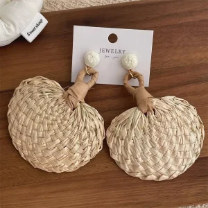 Handmade Summer Women Fashion Woven Grass Drop Earring Rattan Ear Pins for Seaside Holidays Bamboo Crafts