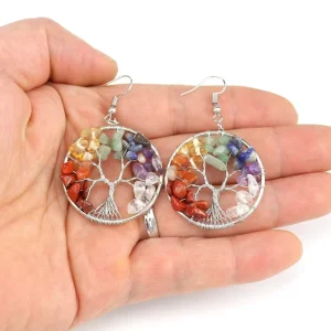 Handmade Tree of Life Earring 9 Colors Natural Stone Crystal Retro Round Gravel Pendant Earrings