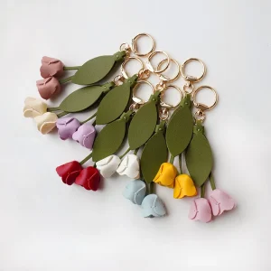 Handmade Tulip shaped PU Leather Flower Keychain Pendant Xiaohongshu style Cute Style Jewelry Gift Custom Bag Charm