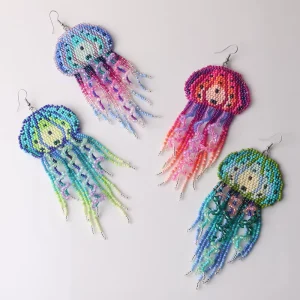 Handmade Vintage Seed Bead Glass Drop Earrings Four Gradient Color Bohemian Ocean Jellyfish Tassel Fashionable Women’s