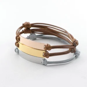 Handmade Wax Rope Braided Adjustable Bracelet Stainless Steel Personalized Diy Engraved Bar Bracelet for Couples Friendship