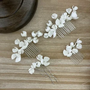 Handmade White Ceramic Flowers Bridal Hair Comb Pearls Wedding Headpiece Charming Prom Hair Accessories Jewelry