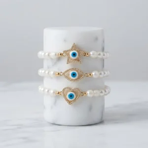Handmade White Freshwater Pearl Gold Spacer Bead Star Heart Almond Eye Shape CZ Micro Pave Blue Evil Eyes Charm Bracelet