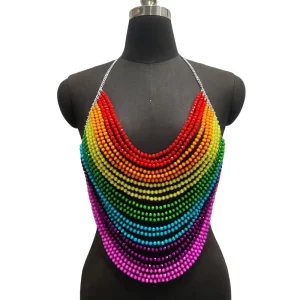 Handmade Women Festival Outfit Magic Glass Chainmail Crystal Beads Body Chain Backless Rainbow Kandi Top Fairytopia Beaded Bra