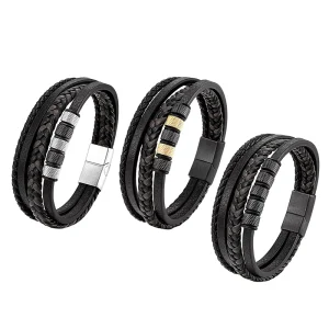 Handmade Woven Leather Bracelet for Men Stainless Steel Bangle Clasp