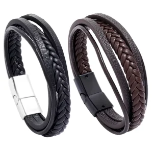 Handmade Woven Leather Magnetic Clasp Cuff Bracelet Multilayer Braided Leather Bracelet Magnet Buckle Jewelry
