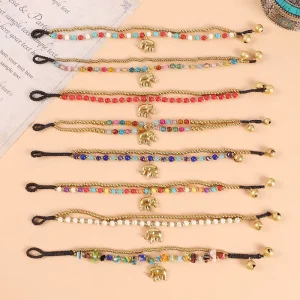 Handwoven Animal Ethnic Style Copper Bohemian Double-Strand Natural Stone Beaded Bell Retro Hand Rope Bracelet for Women