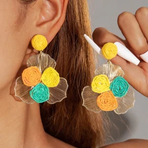Handwoven Raffia Hoop Earrings Bohemian Beach Style Summer Statement Drops