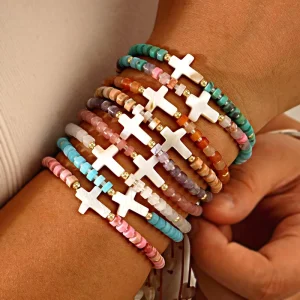 Handwoven Rope Knot Charm Stone Beaded Cross Bracelet Christian Easter Fashion Jewelry Bracelet Gifts for Girls Boys Adults