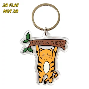 Hang There Cat UV Printed Acrylic Keychain Orange Tabby Hanging Branch Motivational Banner Clear Double-Sided Waterproof Charm