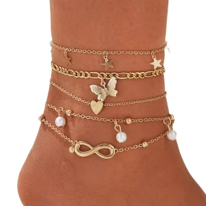 Haomi Faux Pearl Beach Anklet Pentagram Butterfly Pendant Lucky 8 Multi Layered Anklet Set 4 Pieces