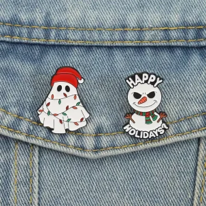 Happy Holidays Punk Skeleton Snowman Enamel Pins Halloween and Christmas Snowman Brooches Lapel Badge Jewelry Gifts