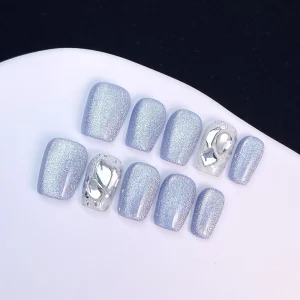Haze Blue Cat Eye Rhinestone Nails Handmade Press on Nails Short Ballet Brightening Reusable Nail Tips