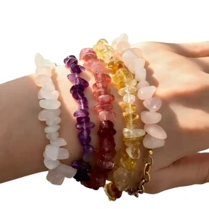 Healing Handmade Natural Stone Crystal Chip Bracelet Fashion Stainless Steel Gold Plated Jewelry Irregular Stone Bead Bracelet