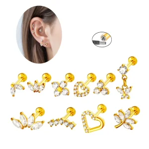 Heart Butterfly Cartilage Helix Labret Piercing Jewelry Stainless Steel Zircon Internally Thread Tragus Lobe Earrings
