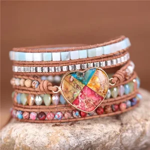 Heart Charm Wrap Bracelets 5 Strands Leather Beads Bracelet Fashion Jewelry Boho Jaspers Crystal