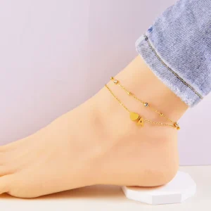 Heart Diamond Anklets With Letter Minimalist Double Layer Anklets Stainless Steel Fine Jewelry for Women