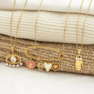 Heart Love Pendant Necklace 18K Gold Stainless Steel Bamboo Chain Women’s