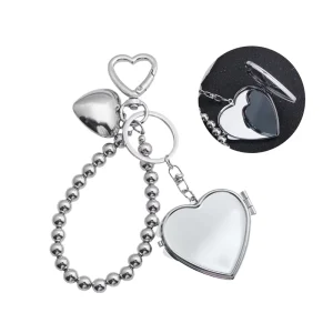 Heart Mirror Keychain with Beaded Chain Compact Mirror Bag Charm Keyring for Women