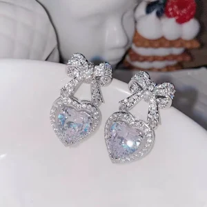 Heart Shape Bowknot Drop Earrings Women Zinc Alloy Crystal Rhinestone Shining Love Wedding Party Jewelry